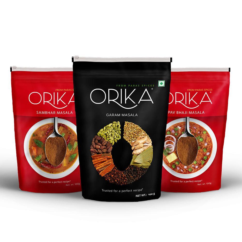 Orika Indian Delicacy combo Sambhar Masala, Pav Bhaji Masala, Garam Masala (Pack of 3, 100gms each) - Orika Spices India